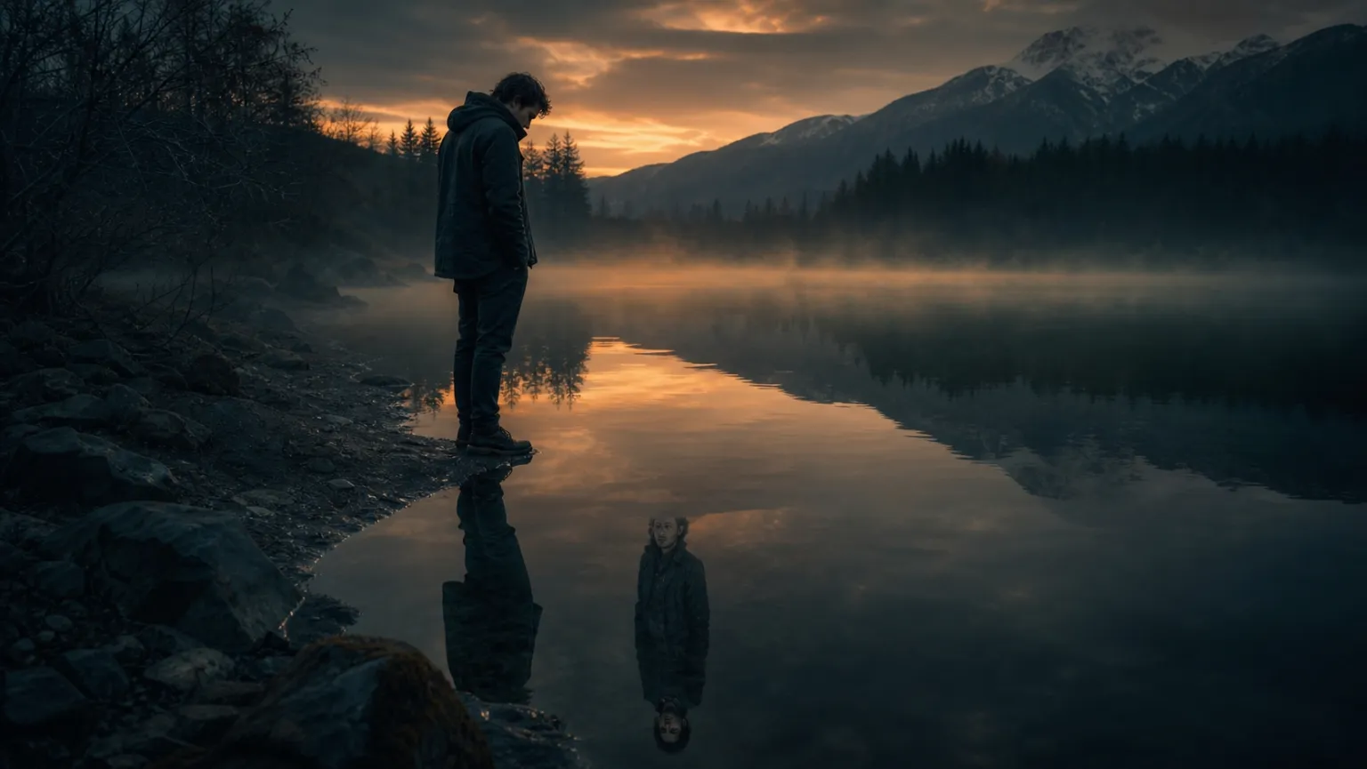 Man looking at his shadow reflection beside a dark lake
