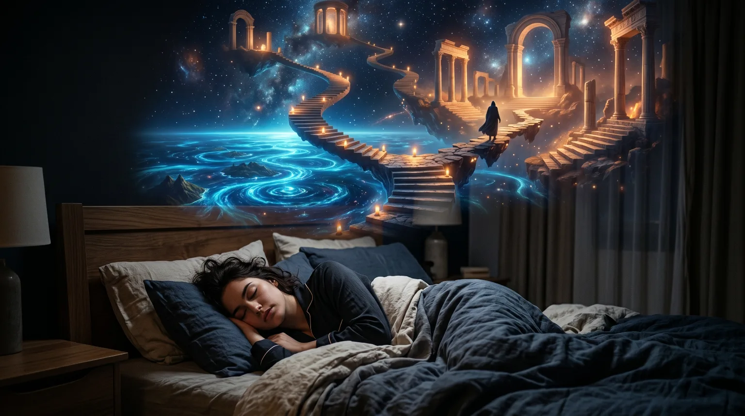 Woman sleeping beneath a cosmic dreamscape of stars and symbols